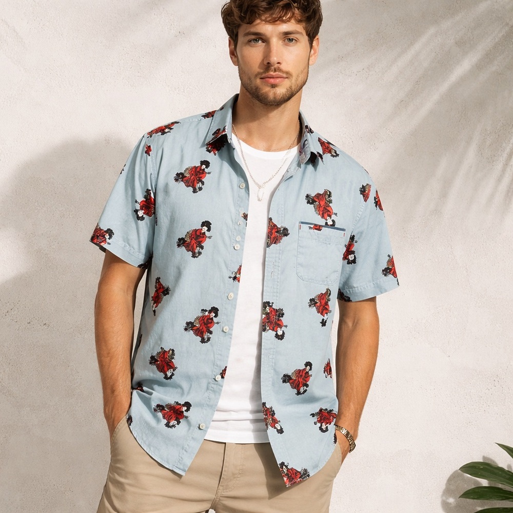 Disco Panda Drill Clothing Co Button Up Short Sleeve M Blue Geisha Retro Novelty